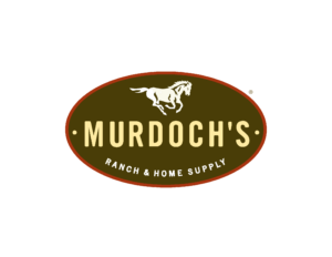Logo for Murdochs Ranch & Home Supply featuring a white horse running above the brand name Murdochs in bold yellow letters on a dark oval background with a red outline.