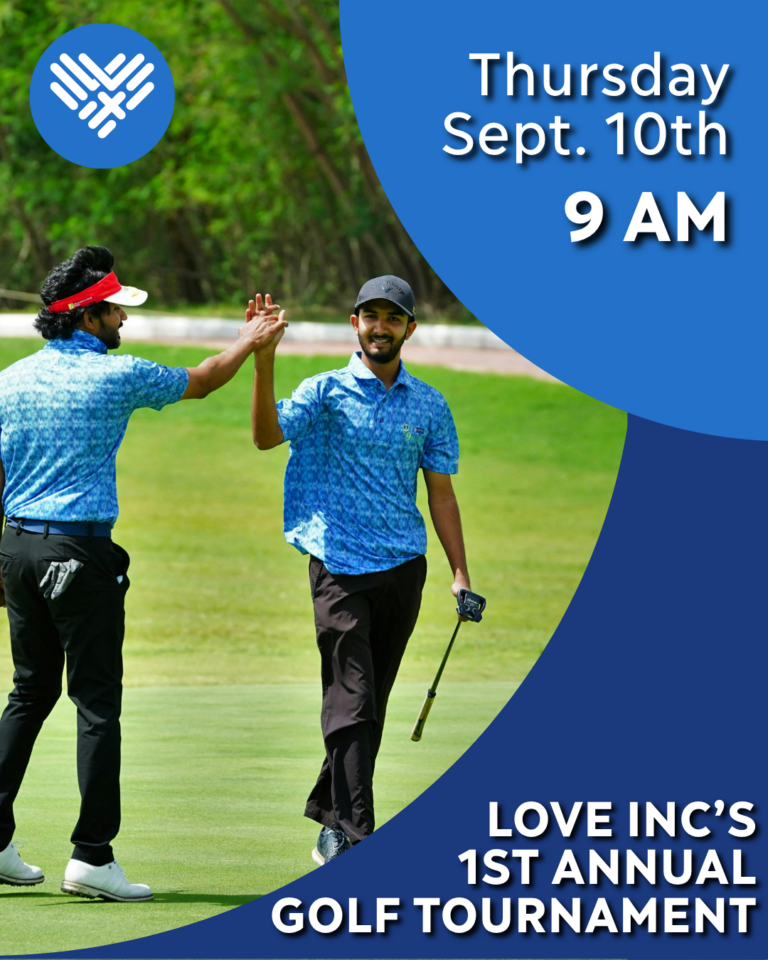 Two men in blue shirts and dark pants high-five on a golf course. Text reads: Thursday Sept. 10th 9 AM. Love Incs 1st Annual Golf Tournament. The event logo appears in the top left corner.