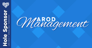 Blue graphic with AROD Management in white script. Left side reads Hole Sponsor, Love Inc’s 1st Annual Golf Tournament vertically with a white heart logo above. Diamond pattern in background.