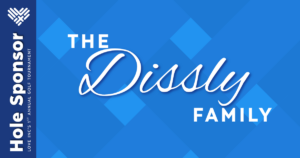 Blue sign with The Dissly Family in large script and block letters. Left side reads Hole Sponsor and Love INCs 1st Annual Golf Tournament vertically with a white heart logo above.