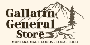 Logo for Gallatin General Store, featuring a mountain and tree illustration. Text reads Gallatin General Store and Montana Made Goods • Local Food.