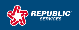 Republic Services logo with a red, white, and blue star symbol on the left and REPUBLIC SERVICES in bold white letters on a blue background.