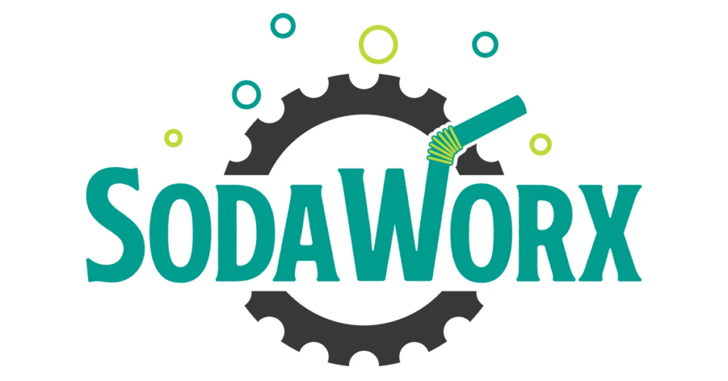 SodaWorx logo with teal text, gear graphic in background, bubbles, and a straw in place of the letter K.