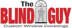 Logo for The Blind Guy Custom Window Coverings with a silhouette of a person behind window blinds between the words BLIND and GUY. The text is black and red, with a window graphic above.