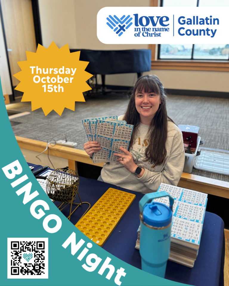 A smiling woman holds bingo cards at a table with bingo supplies. Text reads BINGO Night, Thursday October 15th, and features the Love in the Name of Christ and Gallatin County logos. A QR code is in the corner.