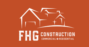 White outline of two houses on an orange background with bold text: FHG Construction, Commercial + Residential below the houses.