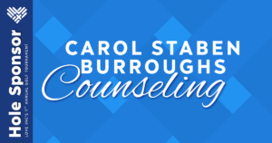 Blue graphic with text: CAROL STABEN BURROUGHS Counseling. On the left, white text reads: Hole Sponsor, Love INCs 1st Annual Golf Tournament. Subtle diamond pattern in the background.