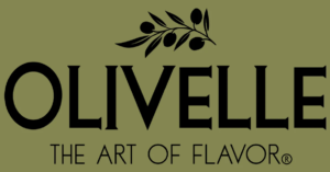 Olivelle logo with olive branch above bold text. Below, in smaller caps, it reads: THE ART OF FLAVOR®. Background is olive green.
