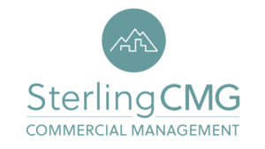 Logo for SterlingCMG featuring a mountain and building icon above the company name in teal, with COMMERCIAL MANAGEMENT written below in uppercase letters.