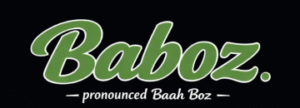 The image shows the word Baboz in green script, with the text pronounced Baah Boz below it in white on a black background.