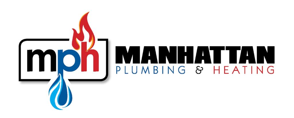 Logo for Manhattan Plumbing & Heating. The letters mph feature a blue water droplet on m and a red flame on h. The words PLUMBING & HEATING are in blue and red under MANHATTAN.