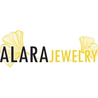 Logo for Alara Jewelry, with ALARA in black and JEWELRY in yellow, flanked by two yellow ginkgo leaves drawn in a delicate, outlined style.