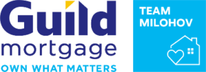 Guild Mortgage logo with the tagline Own What Matters. On the right, a blue box reads Team Milohov above a house icon with a heart.