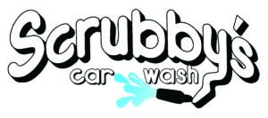 Logo for Scrubbys Car Wash with playful black and white lettering, featuring a hose spraying blue water under the words car wash..
